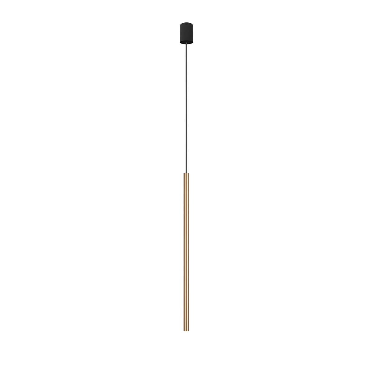 Lampa wisząca Laser 75 o mosiężnym, cylindrycznym korpusie, zawieszona na cienkim, czarnym przewodzie. Wykończenie w kolorze złotym, minimalistyczny design, frontalne ujęcie, na jednolitym tle.