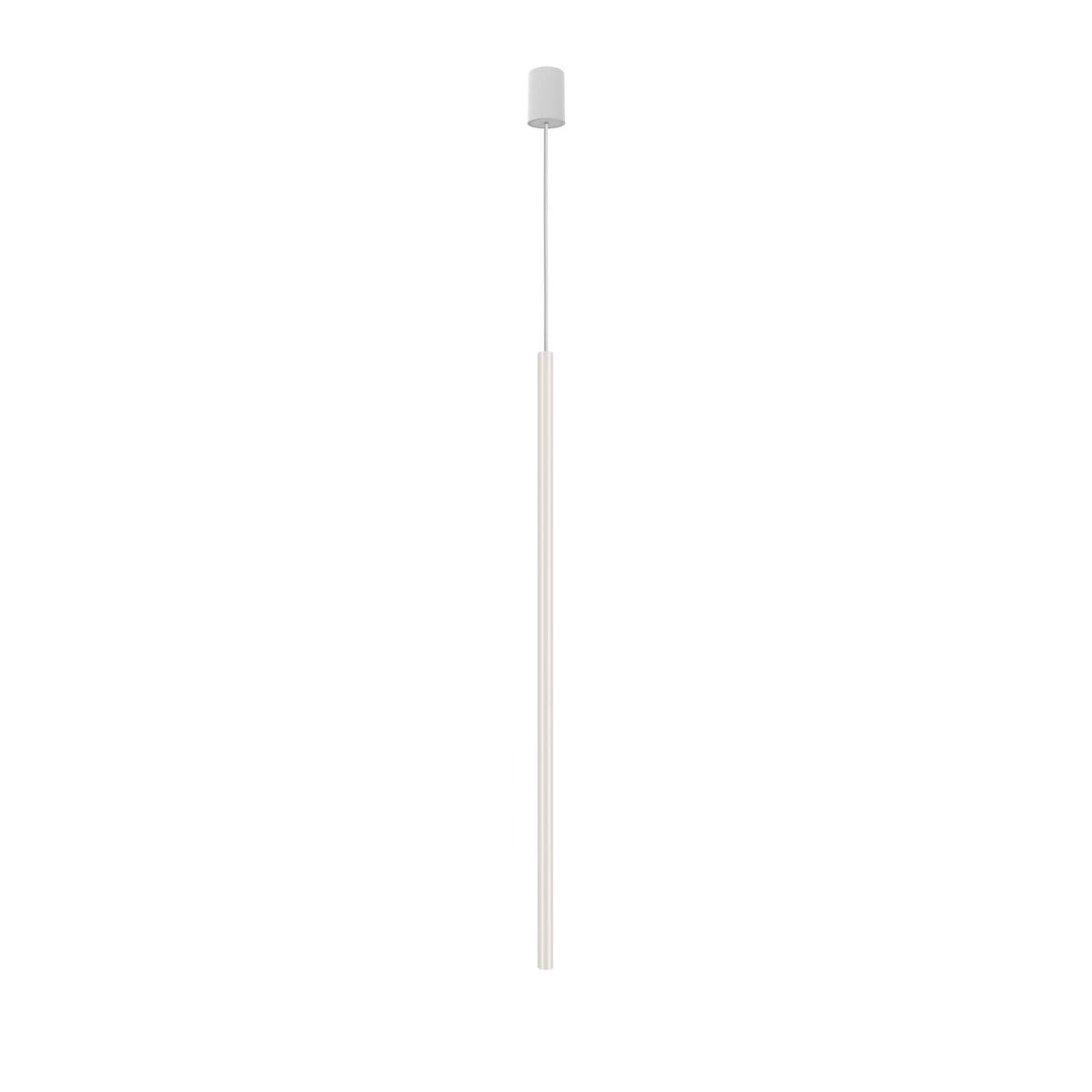 Lampa wisząca Laser 100 w kolorze białym, 1-punktowa, z cylindrycznym kloszem i cienkim, białym przewodem. Produkt zawieszony w pionie, na jednolitym tle, podkreślający minimalistyczny design.
