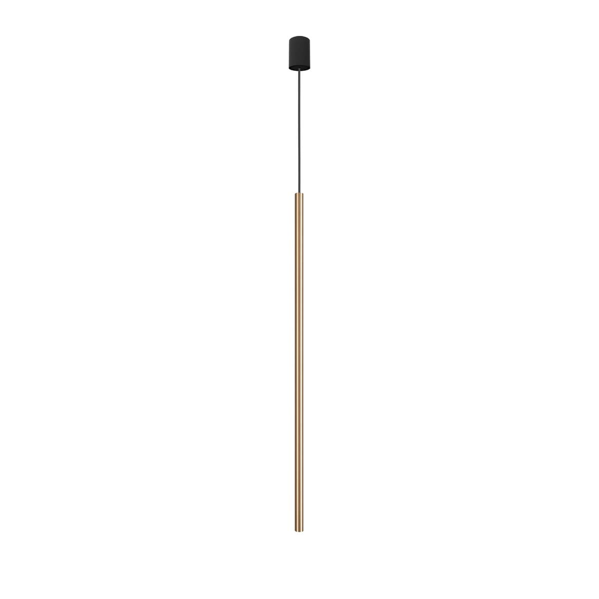 Lampa wisząca Laser 100 z mosiężnym, prostokątnym korpusem i czarnym mocowaniem. Produkt wisi pionowo, prezentując minimalistyczny design. Idealna do nowoczesnych wnętrz.