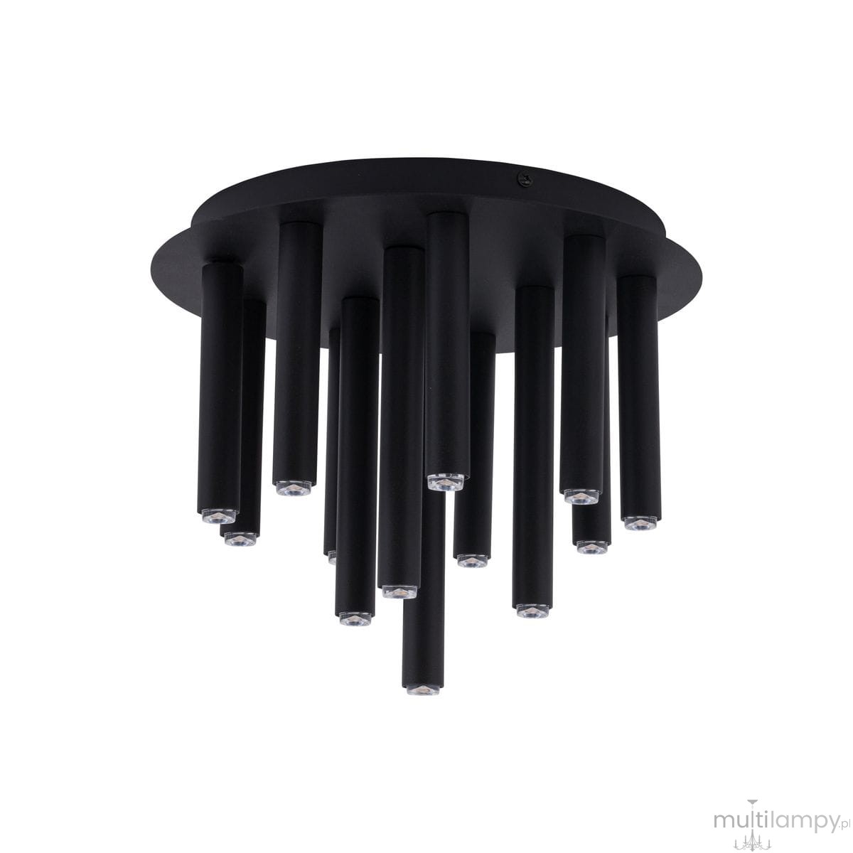 Czarna lampa sufitowa Stalactite z 13 punktami świetlnymi. Produkt ma okrągłą podstawę i długie, cylindryczne klosze, które skierowane są w dół. Lampa ma matową powierzchnię, co nadaje jej nowoczesny wygląd.