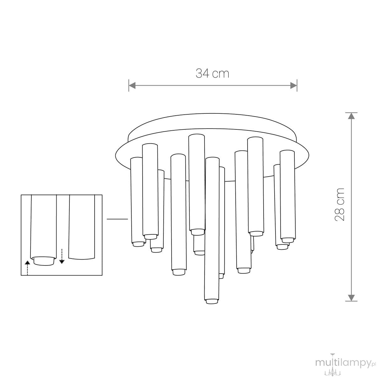 Czarna lampa sufitowa Stalactite z 13 punktami świetlnymi. Okrągła podsufitka o średnicy 34 cm, z wiszącymi prostokątnymi elementami o długości 28 cm, rozmieszczonymi w różnych wysokościach. Idealna do nowoczesnych wnętrz.