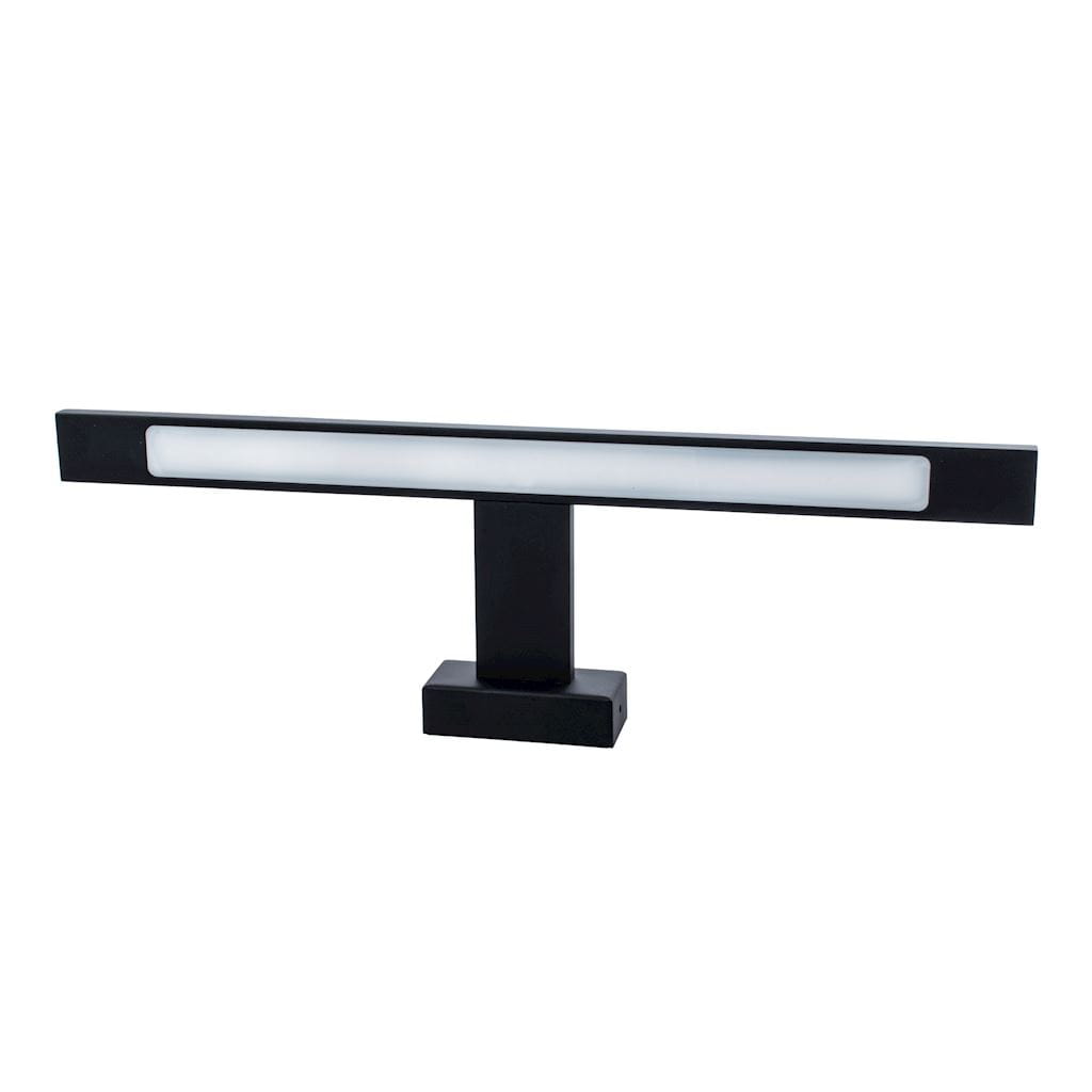 Czarny kinkiet LED Shine IP44, 1-punktowy, o długości 40 cm i mocy 7W. Prosty, prostokątny kształt z białym kloszem, zamontowany na kwadratowej podstawie. Ujęcie frontalne, produkt w pozycji stojącej.