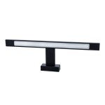 Czarny kinkiet LED Shine IP44, 1-punktowy, o długości 40 cm i mocy 7W. Prosty, prostokątny kształt z białym kloszem, zamontowany na kwadratowej podstawie. Ujęcie frontalne, produkt w pozycji stojącej.