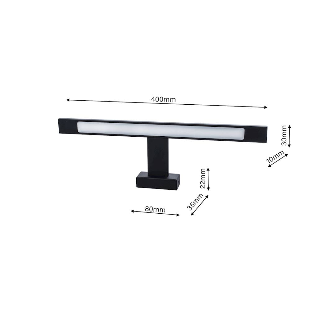 Czarny kinkiet Shine LED IP44, 1-punktowy, o długości 400 mm i szerokości 80 mm. Posiada prostokątny klosz z białego szkła, zamontowany na kwadratowej podstawie. Wymiary: 400 mm x 30 mm x 10 mm. Idealny do wnętrz i na zewnątrz.