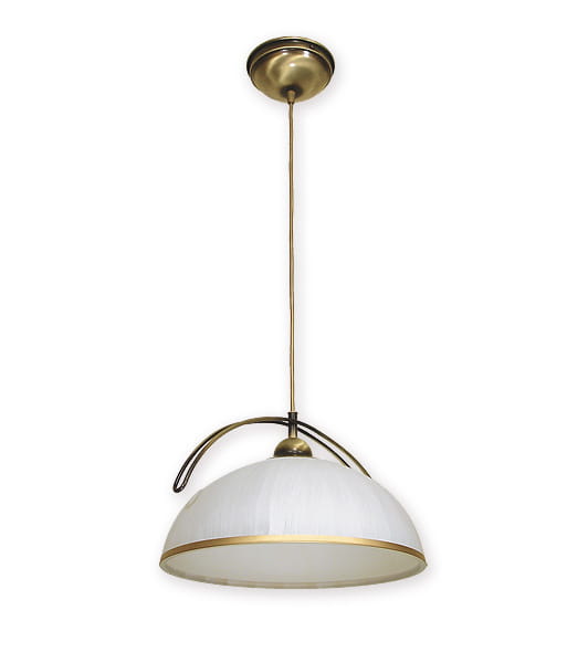 Lampa wisząca Flex O1487 PAT, jednolita, o okrągłym, półprzezroczystym kloszu w kolorze białym z złotą obręczą. Zawieszona na cienkim, metalowym przewodzie w kolorze mosiądzu. Wysoka elegancja w minimalistycznym stylu.