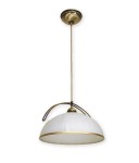 Lampa wisząca Flex O1487 PAT, jednolita, o okrągłym, półprzezroczystym kloszu w kolorze białym z złotą obręczą. Zawieszona na cienkim, metalowym przewodzie w kolorze mosiądzu. Wysoka elegancja w minimalistycznym stylu.