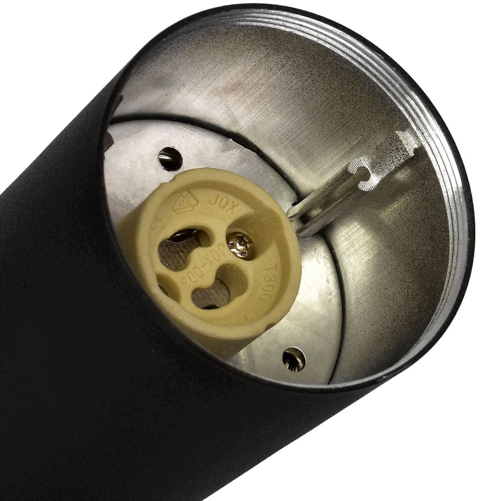 Czarna lampa sufitowa Mica ML6088, 1-punktowa, widok z góry na oprawę. Wnętrze metalowe z żółtym gniazdem na żarówkę, widoczne elementy mocujące. Prosta, cylindryczna forma.