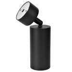 Czarna lampa sufitowa Mica, 1-punktowa. Okrągła głowica z regulacją kąta, zamocowana na cylindrycznym korpusie. Gładka, matowa powierzchnia bez dodatkowych zdobień, montowana na suficie. Widoczna podstawa z otworami montażowymi.