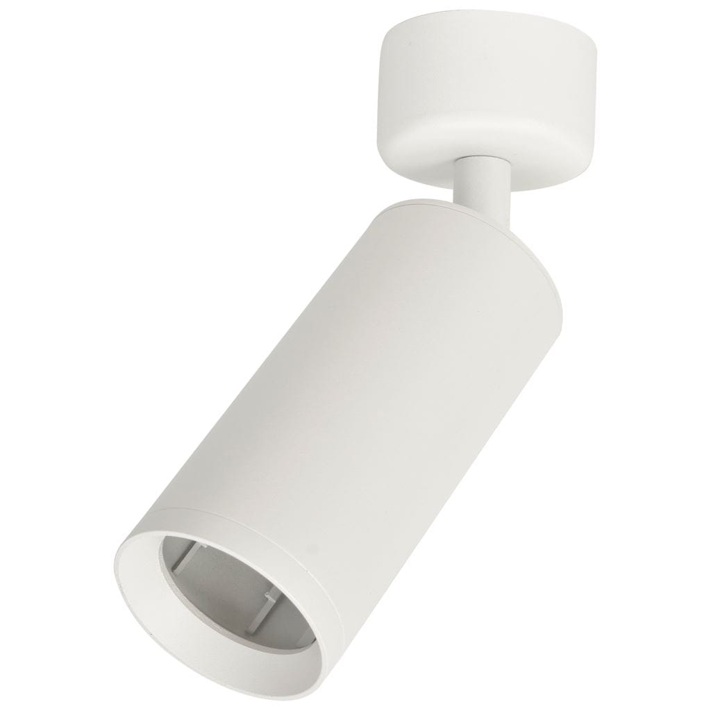 Mica lampa sufitowa (spot) 1-punktowa w kolorze białym, cylindryczny kształt z zamontowanym uchwytem. Ujęcie z boku, pokazujące górną część lampy oraz mocowanie. Prosta, minimalistyczna konstrukcja, idealna do nowoczesnych wnętrz.