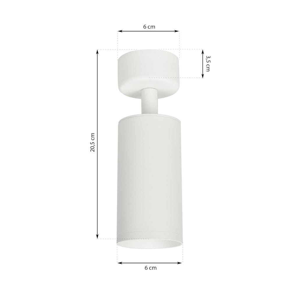 Lampa sufitowa Mica w kolorze białym, 1-punktowa, cylindryczna. Wymiary: wysokość 20,5 cm, średnica 6 cm. Zamontowana na suficie, z prostym, minimalistycznym designem. Idealna do nowoczesnych wnętrz.