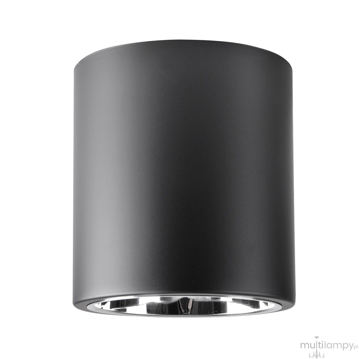 Czarna lampa sufitowa natynkowa Jupiter 17 w kształcie tuby, z miejscem na jedną żarówkę E27. Widoczny lśniący talerz wewnętrzny, prosta, cylindryczna forma, montowana na suficie. Tło białe, co podkreśla elegancki design lampy.
