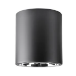 Czarna lampa sufitowa natynkowa Jupiter 17 w kształcie tuby, z miejscem na jedną żarówkę E27. Widoczny lśniący talerz wewnętrzny, prosta, cylindryczna forma, montowana na suficie. Tło białe, co podkreśla elegancki design lampy.
