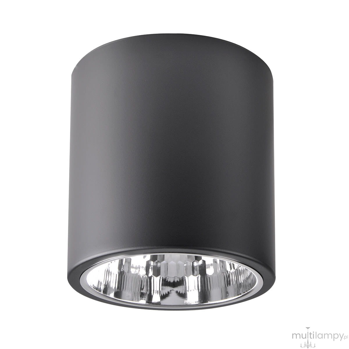 Czarna lampa sufitowa natynkowa Jupiter 17, w kształcie tuby, z jednym gniazdem E27. Ujęcie z dołu, ukazujące gładką matową powierzchnię oraz błyszczący klosz wewnętrzny. Idealna do nowoczesnych wnętrz.