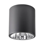 Czarna lampa sufitowa natynkowa Jupiter 17, w kształcie tuby, z jednym gniazdem E27. Ujęcie z dołu, ukazujące gładką matową powierzchnię oraz błyszczący klosz wewnętrzny. Idealna do nowoczesnych wnętrz.