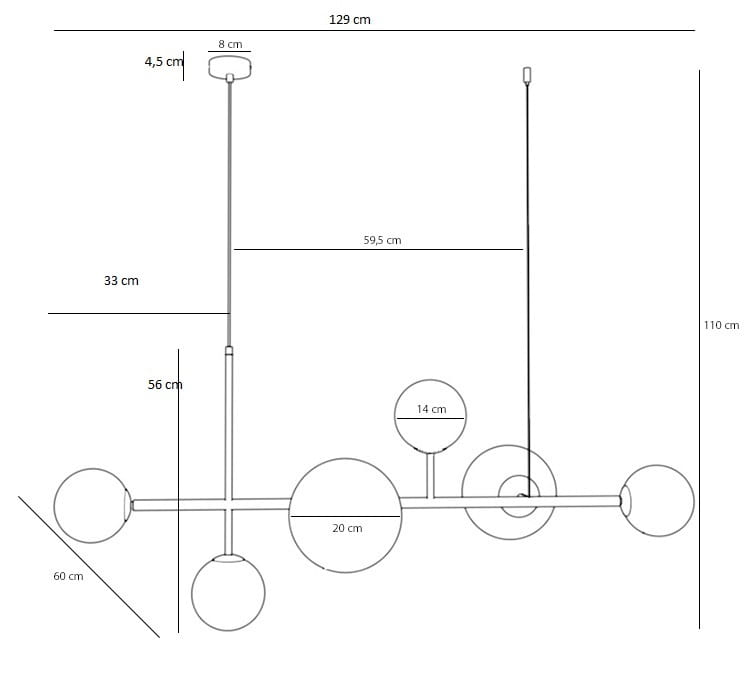 Lampa wisząca Dione 6-punktowa w kolorze złotym, o wymiarach 129 cm szerokości i 110 cm wysokości. Składa się z sześciu okrągłych kloszy, umieszczonych na prostokątnej ramie, zawieszona na cienkich linkach.