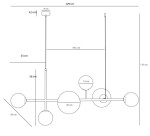 Lampa wisząca Dione w kolorze białym, sześciopunktowa, z okrągłymi kloszami o różnych średnicach. Wymiary: długość 129 cm, wysokość 110 cm. Ujęcie frontalne, pokazujące szczegóły konstrukcji i rozkład punktów świetlnych.