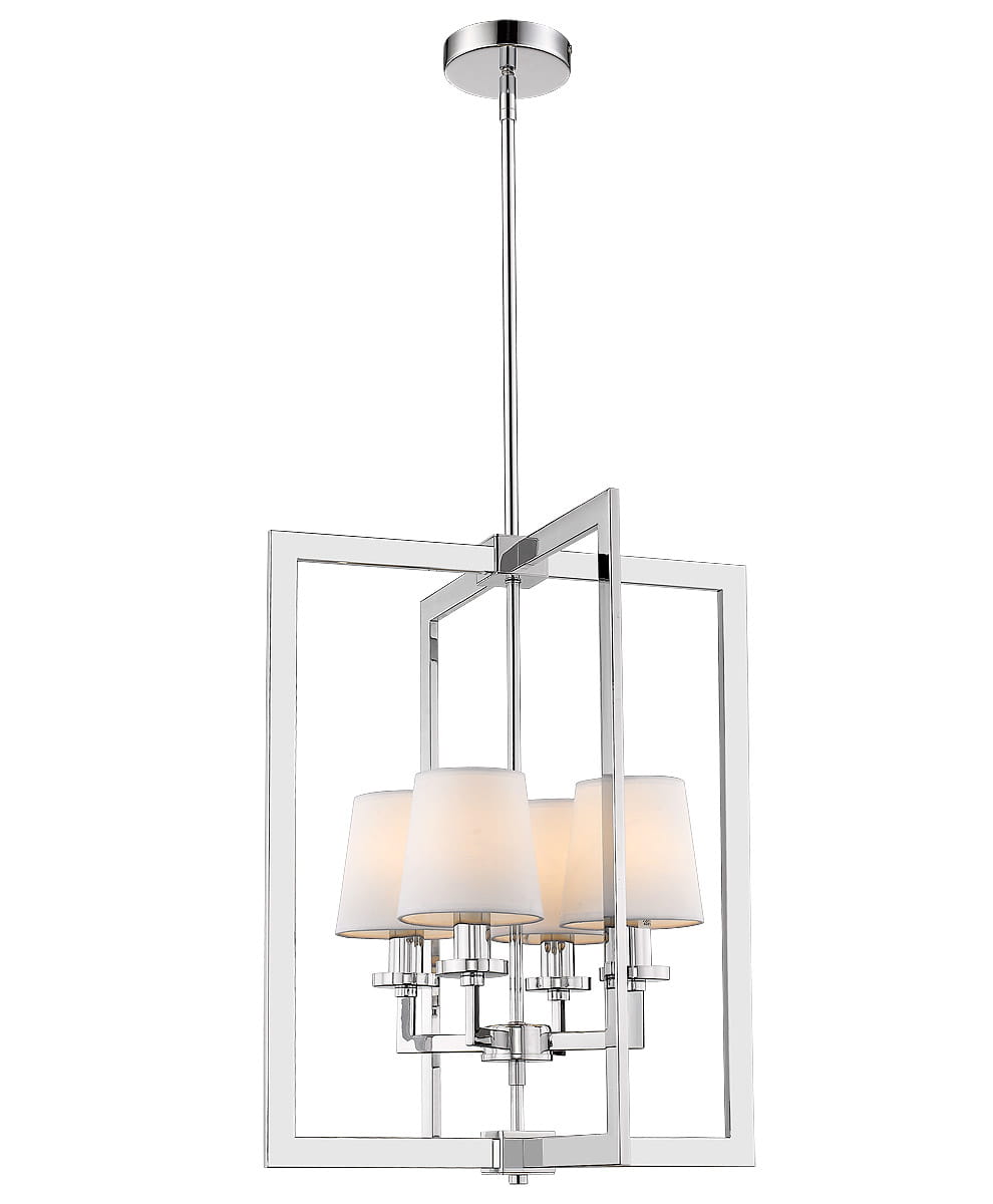 Lampa wisząca London 4-punktowa w kolorze chromu i białym. Posiada cztery klosze w kształcie cylindrów z matowego szkła, zawieszona w prostokątnej ramie. Ujęcie z przodu, produkt na długim, chromowanym przewodzie.