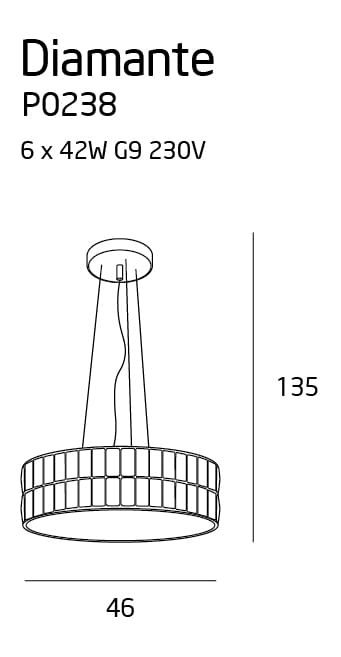 Lampa wisząca Diamante P0238, 6-punktowa, z metalowym kloszem o średnicy 46 cm i wysokości 135 cm. Przeznaczona do żarówek G9, moc 42W. Prosta konstrukcja z subtelnym wzorem.