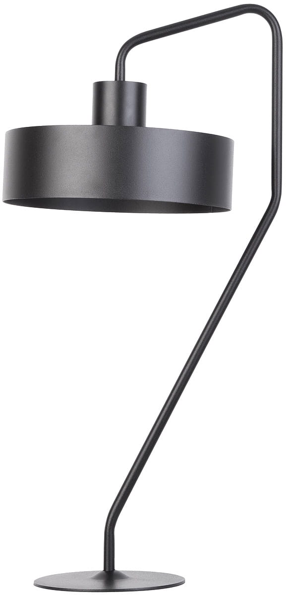 Czarna lampka stołowa 1-punktowa Jumbo, z metalowym kloszem w kształcie cylindra i cienką, zakrzywioną podstawą. Ujęcie z boku, pokazujące minimalistyczny design. Idealna do nowoczesnych wnętrz.