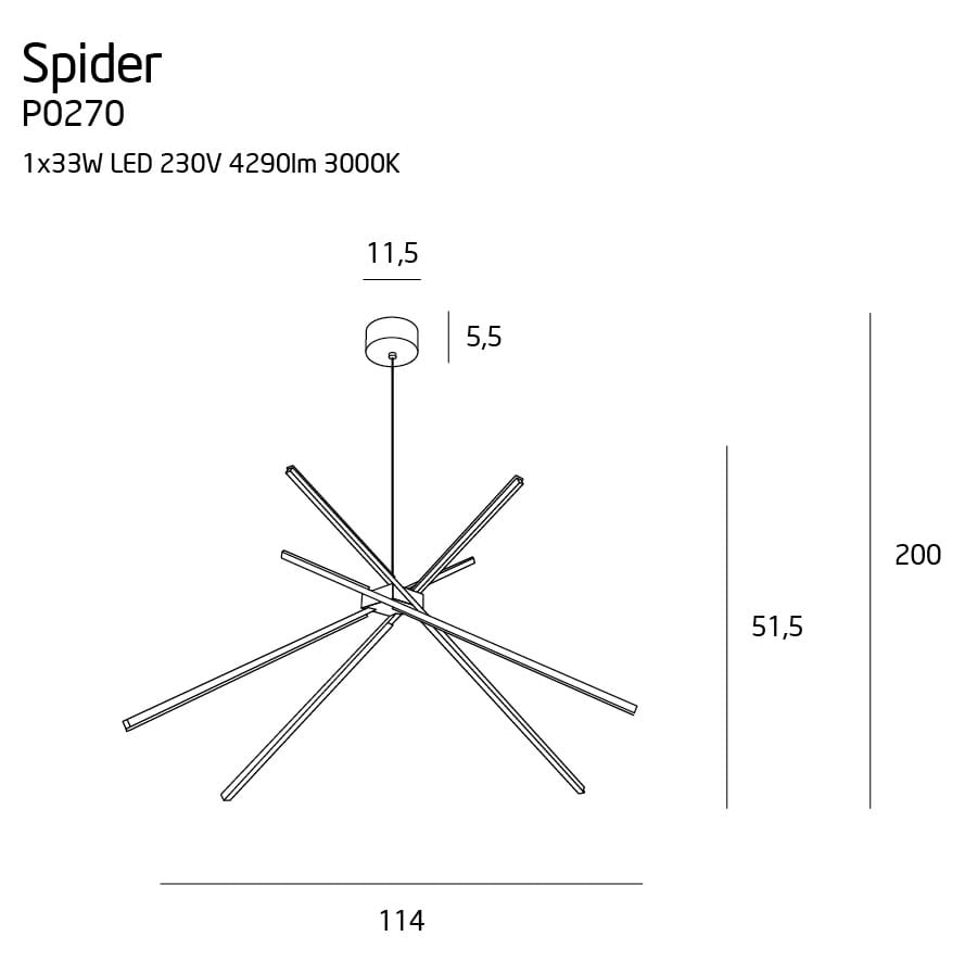 Lampa wisząca Spider LED w kolorze białym, 3-punktowa, z sześcioma rozłożonymi ramionami. Wymiary: średnica 114 cm, wysokość 200 cm. Umożliwia oświetlenie przestrzeni dzięki mocy 33W i strumieniowi 4290 lm.