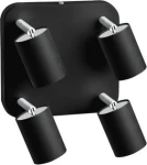 Czarna lampa sufitowa Eye Spot z 4 punktami świetlnymi. Metalowa, kwadratowa baza z czterema cylindrycznymi kloszami, ustawionymi w różnych kierunkach. Nowoczesny design, idealna do oświetlenia wnętrz.