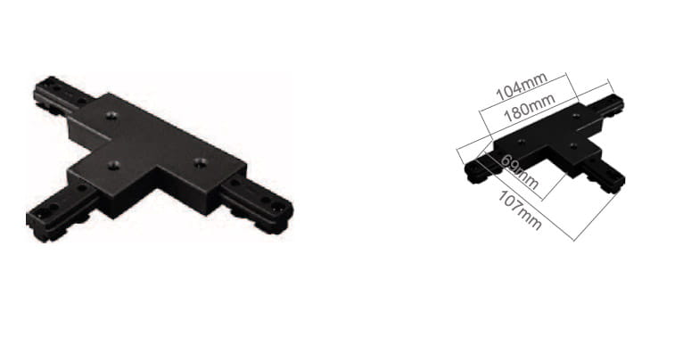 Złącze typu T zasilające do prowadnicy szyny w kolorze białym, wykonane z tworzywa, z wymiarami 180 mm x 104 mm x 69 mm, z dwiema bocznymi prowadnicami. Produkt ukazany z przodu oraz z wymiarami z boku.