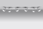 Lampa sufitowa Oculare SL.0442, 6-punktowa, biała, z okrągłymi, ruchomymi reflektorami. Zainstalowana na metalowej listwie, widok z góry, na jednolitym tle. Reflektory skierowane w dół, zapewniające oświetlenie przestrzeni.