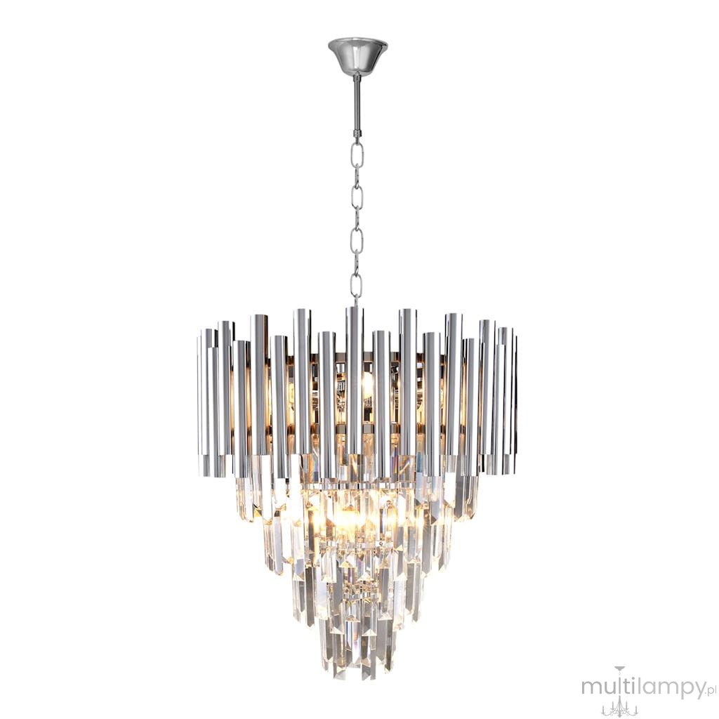 Lampa wisząca Madison 9-punktowa, chromowana, z prostokątnymi, błyszczącymi elementami, zawieszona na łańcuchu. Masywna, z oświetleniem w centralnej części, w kształcie stożka, na jasnym tle. Idealna do nowoczesnych wnętrz.