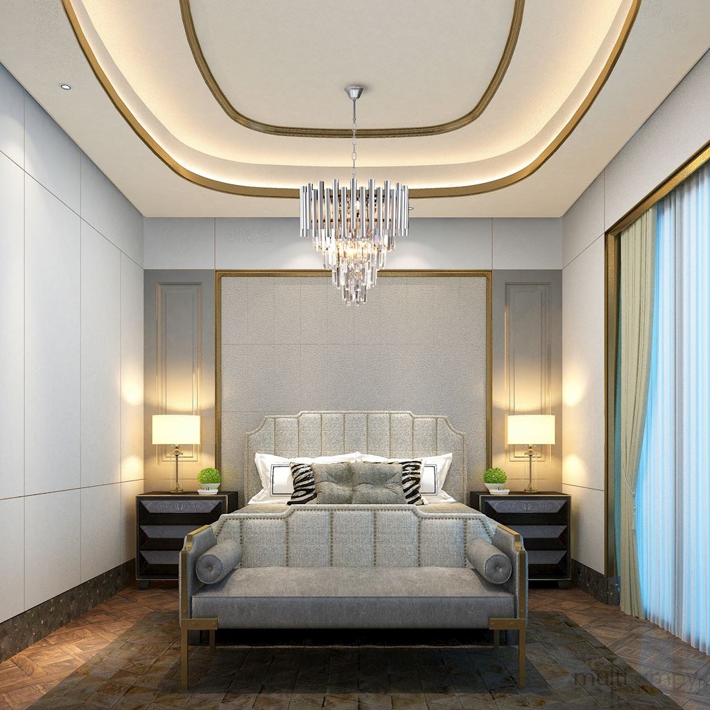 Madison lampa wisząca 9-punktowa w kolorze chromu, z eleganckimi szklanymi detalami, zawieszona w centrum nowoczesnej sypialni. Lampa w kształcie kryształowego żyrandola, efektownie odbijająca światło, z białymi ścianami i meblami w tle.
