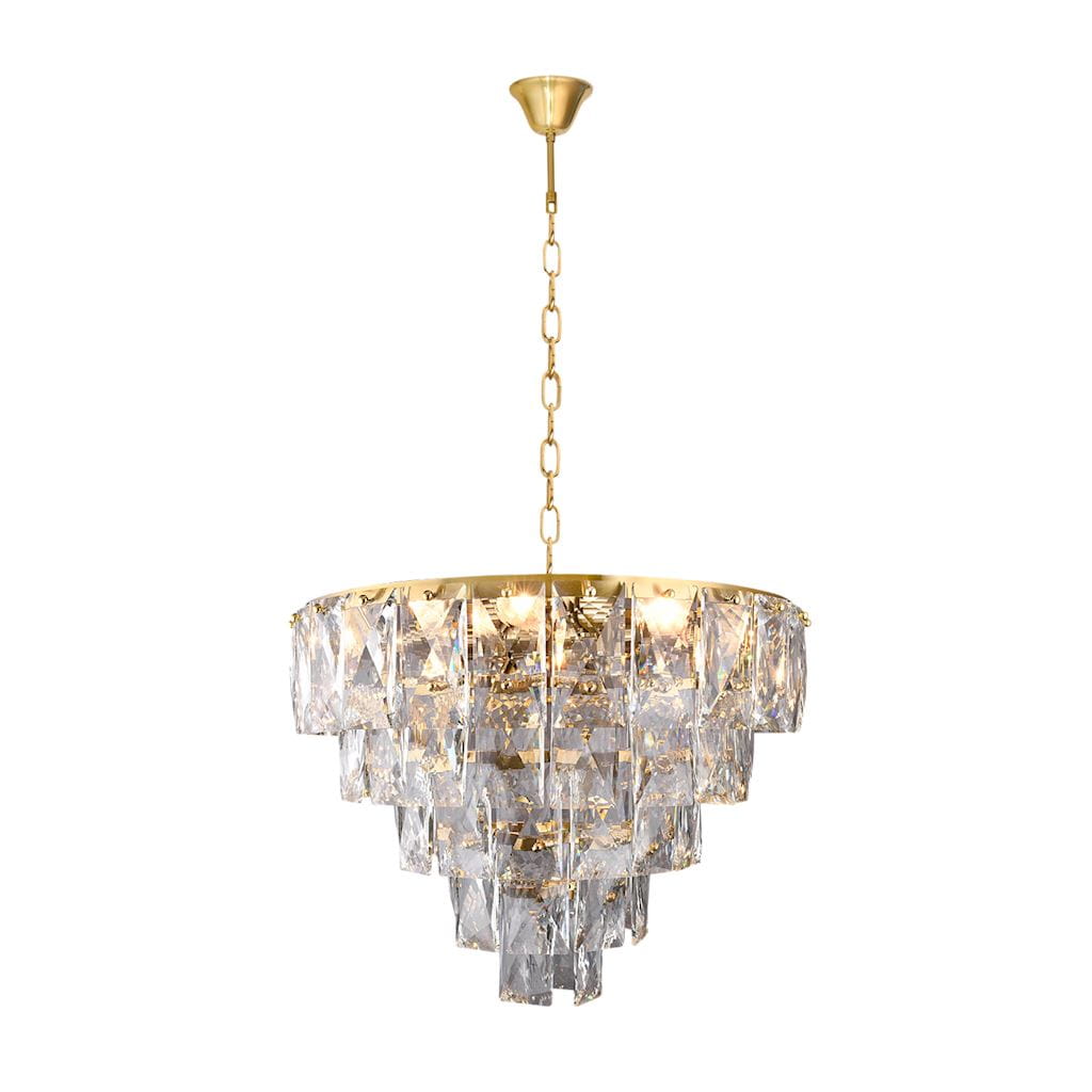 Lampa wisząca Chelsea 6-punktowa w kolorze złotym, z przezroczystymi kryształowymi elementami w kształcie prostokątów. Długa łańcuchowa zawieszenie. Okrągła podstawa, elegancka forma. Przeznaczona do wnętrz, idealna na centralne oświetlenie.