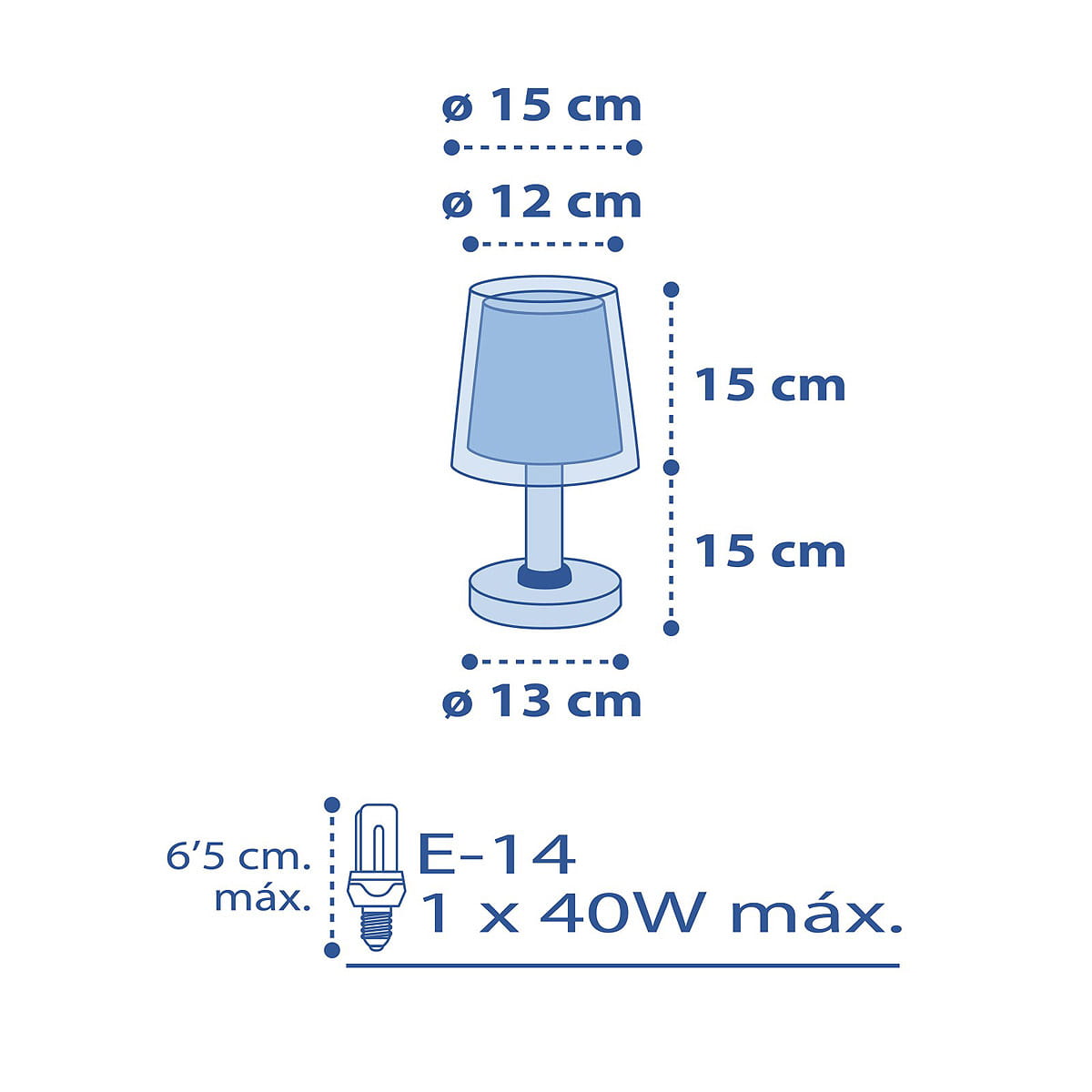 Lampka nocna Vichy w kolorze niebieskim, o średnicy podstawy 13 cm i klosza 15 cm. Wysokość całkowita 15 cm. Z gniazdem E-14, maksymalna moc 40W. Prosty design, idealna do sypialni lub pokoju dziecięcego.