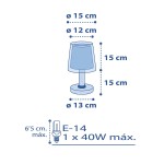 Lampka nocna Vichy w kolorze niebieskim, o średnicy podstawy 13 cm i klosza 15 cm. Wysokość całkowita 15 cm. Z gniazdem E-14, maksymalna moc 40W. Prosty design, idealna do sypialni lub pokoju dziecięcego.