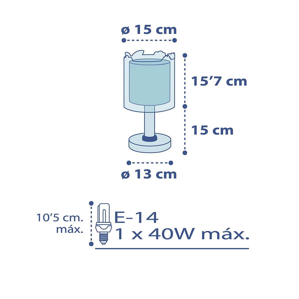 Lampka nocna My Little Jungle o średnicy 15 cm i wysokości 15,7 cm, z okrągłą podstawą o średnicy 13 cm. Zastosowanie żarówki E-14, maks. 40W. Prosty, dziecięcy design, idealna do pokoju dziecięcego.
