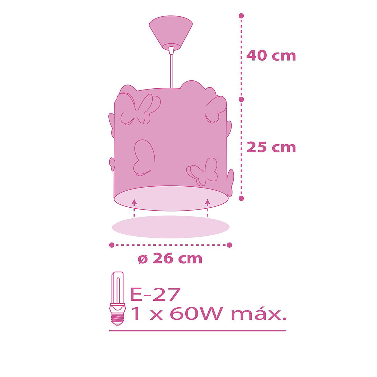 Lampa wisząca Butterfly w kolorze różowym, cylindryczny klosz ozdobiony motylkami. Wymiary: wysokość 40 cm, średnica 26 cm. Moc maksymalna 60W, gwint E-27. Produkt zawieszony na cienkim kablu, idealny do dziecięcego pokoju.