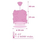 Lampa wisząca Butterfly w kolorze różowym, cylindryczny klosz ozdobiony motylkami. Wymiary: wysokość 40 cm, średnica 26 cm. Moc maksymalna 60W, gwint E-27. Produkt zawieszony na cienkim kablu, idealny do dziecięcego pokoju.