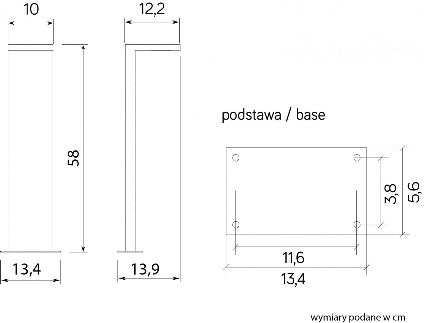 Lampa stojąca Karo LED H58, 1-punktowa, o wysokości 58 cm, szerokości 12,2 cm i głębokości 10 cm. Prosta konstrukcja z prostokątną podstawą 13,4 cm na 11,6 cm. Wymiary dodatkowe: wysokość podstawy 3,8 cm. Idealna do ogrodu.