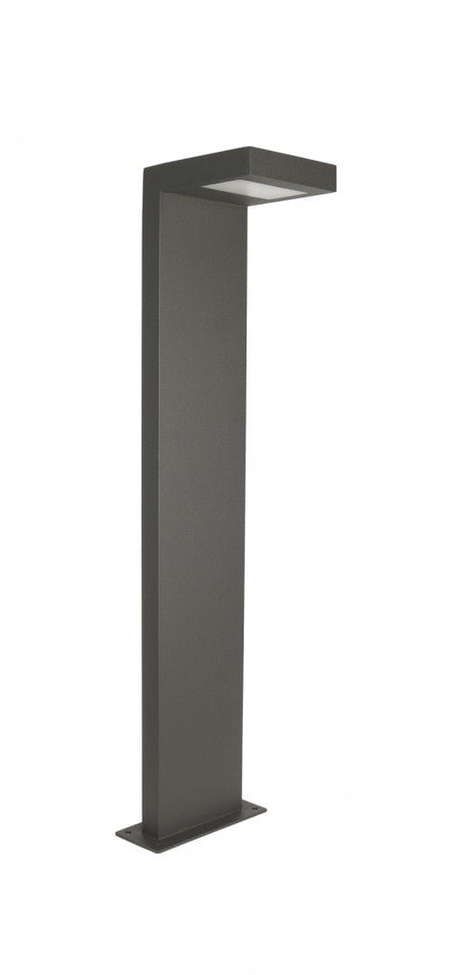 Lampa stojąca ogrodowa Karo LED H58, jednopunktowa, w kolorze ciemnoszarym. Prosty, prostokątny kształt z płaskim kloszem na górze. Ustawiona pionowo na kwadratowej podstawie, idealna do oświetlenia przestrzeni na zewnątrz.
