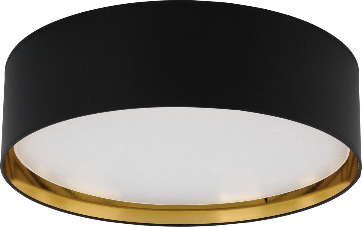 Plafon Bilbao D60 w kolorze czarnym z złotym wykończeniem. Okrągły kształt, matowa czarna obudowa z białym kloszem. Zamontowany na suficie, widoczne cztery punkty świetlne. Elegancka konstrukcja, idealna do nowoczesnych wnętrz.