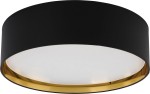 Plafon Bilbao D60 w kolorze czarnym z złotym wykończeniem. Okrągły kształt, matowa czarna obudowa z białym kloszem. Zamontowany na suficie, widoczne cztery punkty świetlne. Elegancka konstrukcja, idealna do nowoczesnych wnętrz.