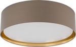 Beżowy plafon Bilbao D60 z czterema punktami świetlnymi, o okrągłym kształcie, z materiałowym abażurem i złotym wykończeniem wewnętrznym. Montowany sufitowo, z prostym tłem, co podkreśla jego elegancki design.