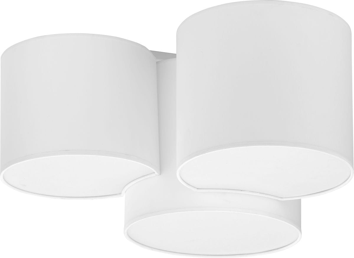 Plafon 3-punktowy Mona White w kolorze białym, z trzema okrągłymi kloszami o gładkiej fakturze. Ujęcie frontalne, produkt zamontowany na suficie. Klosze mają minimalistyczny design, bez widocznych napisów czy logo.