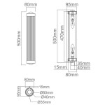 Kinkiet Fiatto Parette Cromo z chromowanym wykończeniem, 2-punktowy. Wysokość 500 mm, szerokość 80 mm, głębokość 95 mm. Uchwyt z widocznymi miejscami na żarówki, prostokątny kształt z pionowymi rowkami na powierzchni.