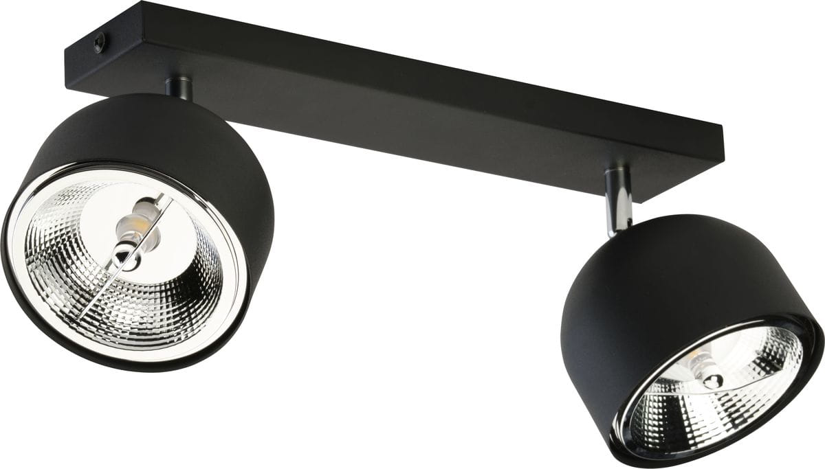 Czarna lampa sufitowa (spot) Altea 2-punktowa, zamontowana na prostokątnej podstawie. Dwa okrągłe klosze z metalicznymi wykończeniami, skierowane w różnych kierunkach. Produkt z żarówkami, idealny do nowoczesnych wnętrz.