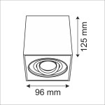 Lampa sufitowa Hadar w kolorze białym, z jedną oprawą GU10. Kwadratowy kształt, wymiary 125 mm x 96 mm. Widoczne wnętrze z okrągłym reflektorem, montowana sufitowo.