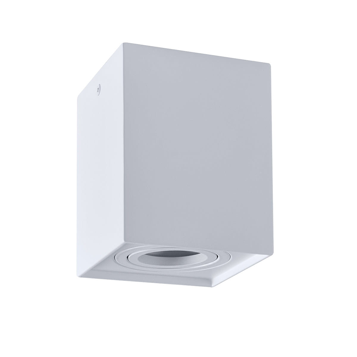 Lampa sufitowa Hadar w kolorze białym, o kwadratowym kształcie. Ujęcie frontalne, z widocznym gniazdem na żarówkę GU10. Produkt montowany sufitowo, wykonany z matowego materiału, bez dodatkowych zdobień.