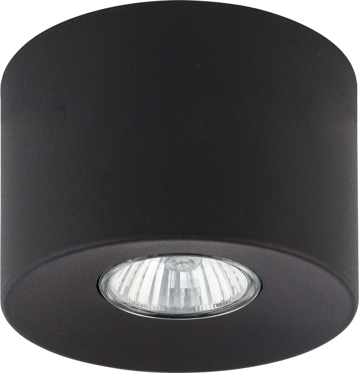 Orion lampa sufitowa 1-punktowa w kolorze czarnym, okrągła, z metalowym kloszem, montowana na suficie. Widoczna żarówka w centralnej części, z wykończeniem w stylu minimalistycznym. Tło jednolite, co podkreśla produkt.