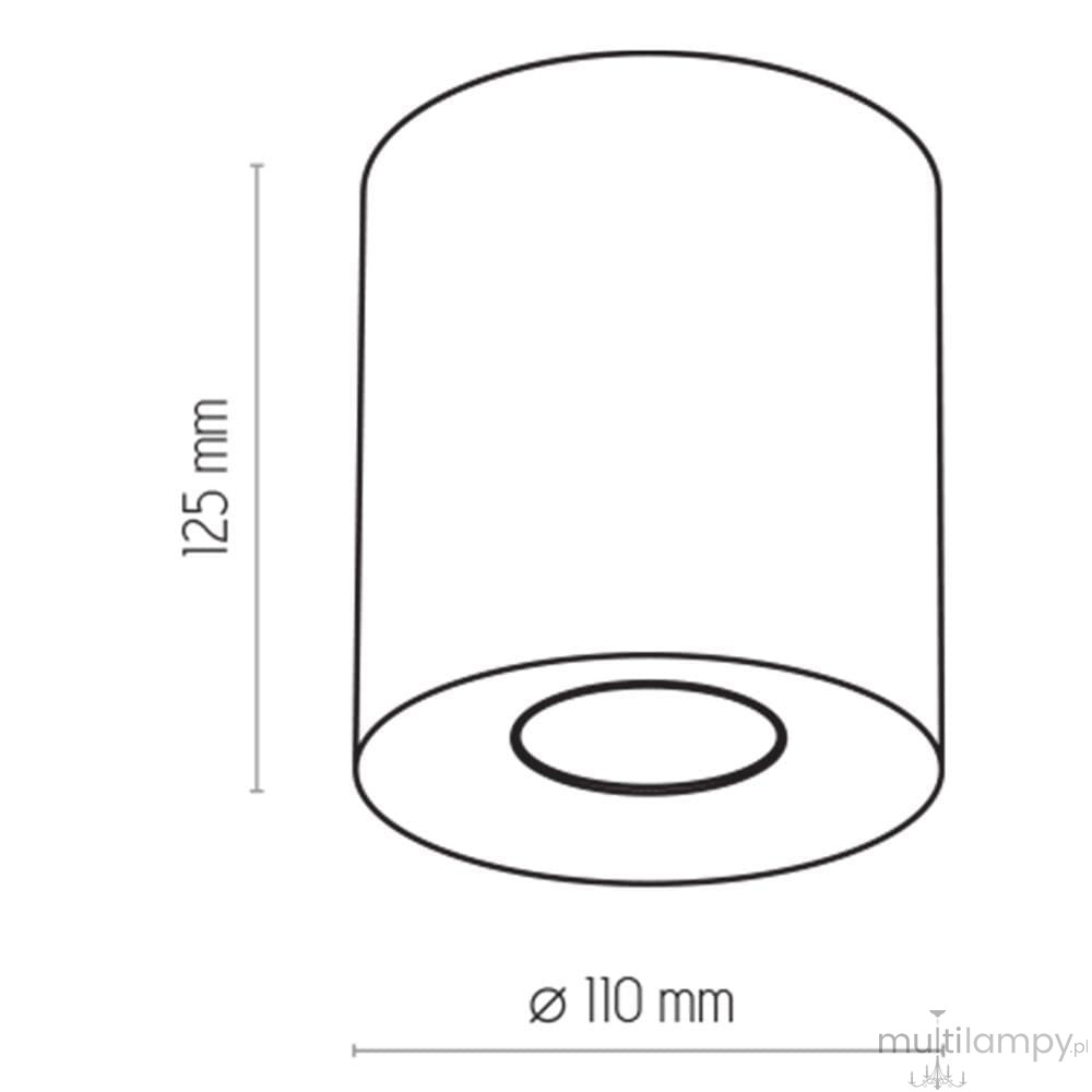 Lampa sufitowa Orion 1-punktowa w kolorze białym, cylindryczna, o średnicy 110 mm i wysokości 125 mm. Widok z boku, ukazujący kształt oraz otwór na źródło światła na górze. Prosta, minimalistyczna forma, idealna do nowoczesnych wnętrz.