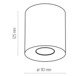 Lampa sufitowa Orion 1-punktowa w kolorze białym, cylindryczna, o średnicy 110 mm i wysokości 125 mm. Widok z boku, ukazujący kształt oraz otwór na źródło światła na górze. Prosta, minimalistyczna forma, idealna do nowoczesnych wnętrz.