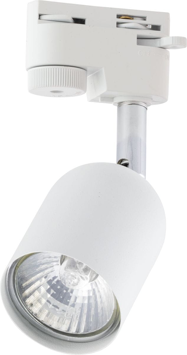 Reflektor spot 1-punktowy Tracer w kolorze białym, z metalową podstawą i matowym kloszem. Ujęcie z boku, ukazujące obrotowy uchwyt oraz szklany wkład z żarówką. Idealny do oświetlenia przestrzeni w pomieszczeniach.