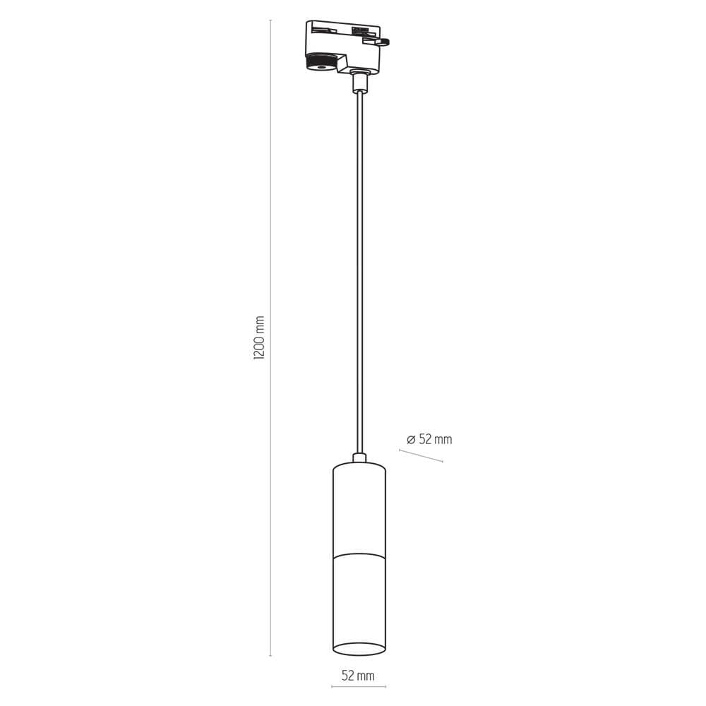 Reflektor Tracer 1-punktowy do szyny w kolorze czarnym i złotym, z okrągłym kloszem o średnicy 52 mm, zawieszony na cienkiej lince o długości 1200 mm. Widok z boku, pokazujący całą długość lampy.